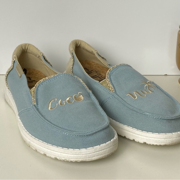 Hey Dude Shoes - Light Blue Slip-On Shoes with Gold Embroidery size 7